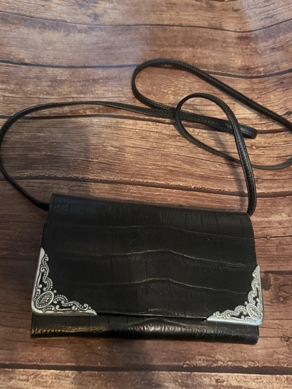 Brighton Alligator Leather Trifold Crossbody Black Purse Metal Trim # X0017